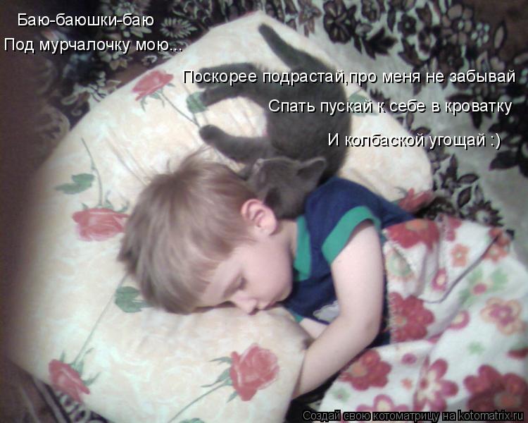 Котоматрица: Баю-баюшки-баю Под мурчалочку мою... Поскорее подрастай,про меня не забывай Спать пускай к себе в кроватку И колбаской угощай :)
