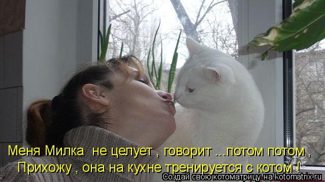 Котоматрица: Прихожу , она на кухне тренируется с котом ! Меня Милка  не целует , говорит ...потом потом ,