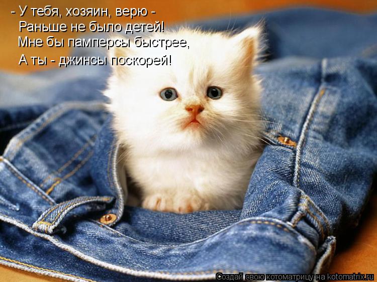 - У тебя, хозяин, верю - Раньше не было детей! Мне бы памперсы быстрее, А ты - джинсы поскорей!... Котоматрица: - У тебя, хозяин, верю - Раньше не было детей! Мне бы памперсы быстрее, А ты - джинсы поскорей!