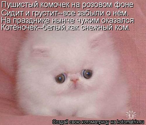 Пушистый комочек на розовом фоне Сидит и грустит--все забыли о нём. На празднике нынче чужим оказался... Котоматрица: Пушистый комочек на розовом фоне Сидит и грустит--все забыли о нём. На празднике нынче чужим оказался Котёночек--белый,как снежный ком.