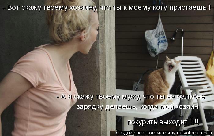 - Вот скажу твоему хозяину, что ты к моему коту пристаешь ! - А я скажу твоему мужу, что ты на балкон... Котоматрица: - Вот скажу твоему хозяину, что ты к моему коту пристаешь ! - А я скажу твоему мужу, что ты на балконе зарядку делаешь, когда мой хозяин покури