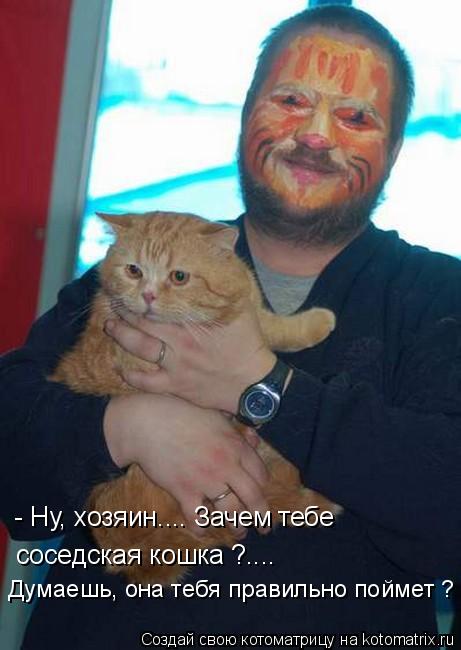 Котоматрица: - Ну, хозяин.... Зачем тебе  соседская кошка ?.... Думаешь, она тебя правильно поймет ?