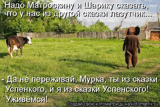 Надо Матроскину и Шарику сказать, что у нас из другой сказки лазутчик... - Да не переживай, Мурка, т... Котоматрица: Надо Матроскину и Шарику сказать, что у нас из другой сказки лазутчик... - Да не переживай, Мурка, ты из сказки Успенкого, и я из сказки Успенс