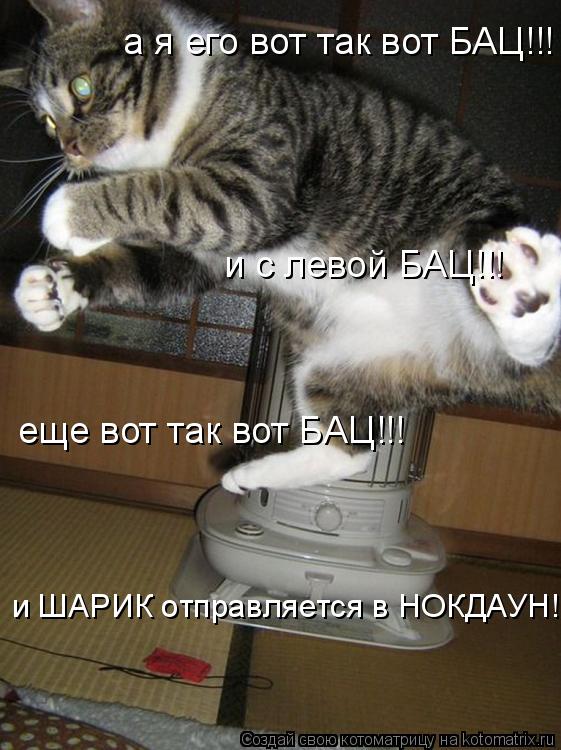 а я его вот так вот БАЦ!!! и ШАРИК отправляется в НОКДАУН! еще вот так вот БАЦ!!! и с левой БАЦ!!!... Котоматрица: а я его вот так вот БАЦ!!! и ШАРИК отправляется в НОКДАУН! еще вот так вот БАЦ!!! и с левой БАЦ!!!