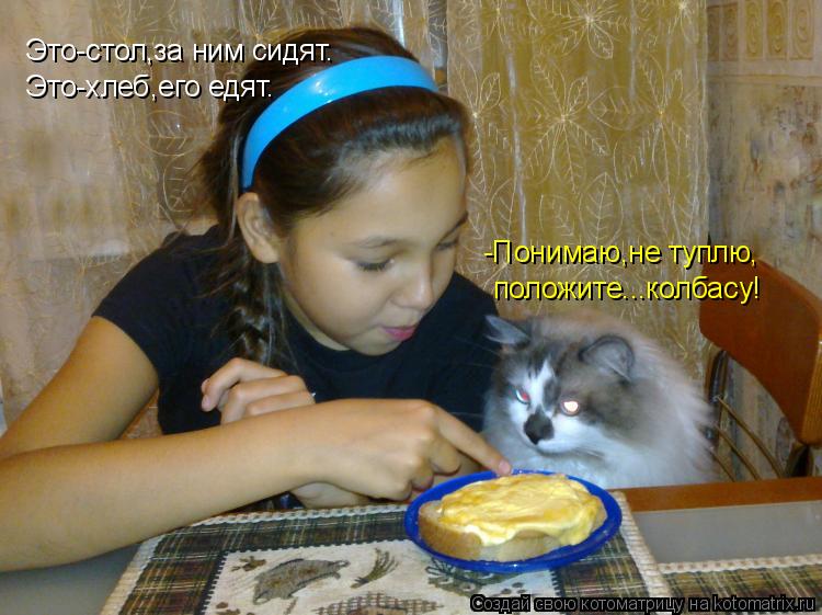 Это-стол,за ним сидят. Это-хлеб,его едят. -Понимаю,не туплю, положите...колбасу!... Котоматрица: Это-стол,за ним сидят. Это-хлеб,его едят. -Понимаю,не туплю, положите...колбасу!