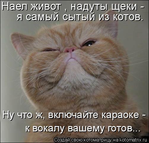 Наел живот , надуты щеки - я самый сытый из котов. Ну что ж, включайте караоке - к вокалу вашему г... Котоматрица: Наел живот , надуты щеки - я самый сытый из котов. Ну что ж, включайте караоке - к вокалу вашему готов...
