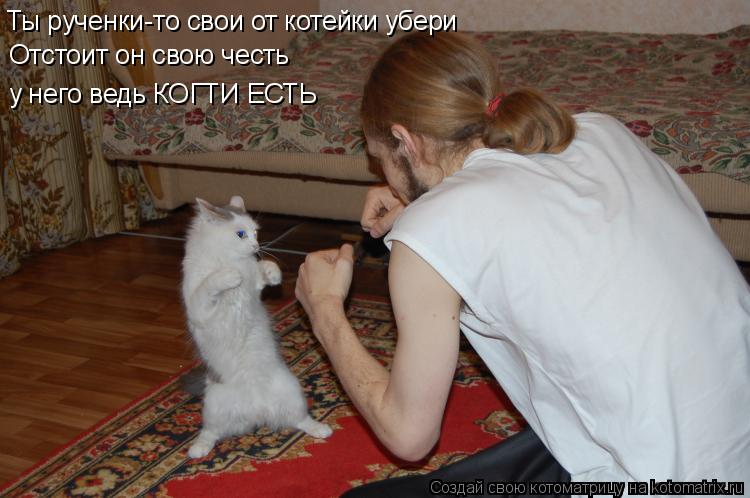 Котоматрица: Ты рученки-то свои от котейки убери Отстоит он свою честь у него ведь КОГТИ ЕСТЬ