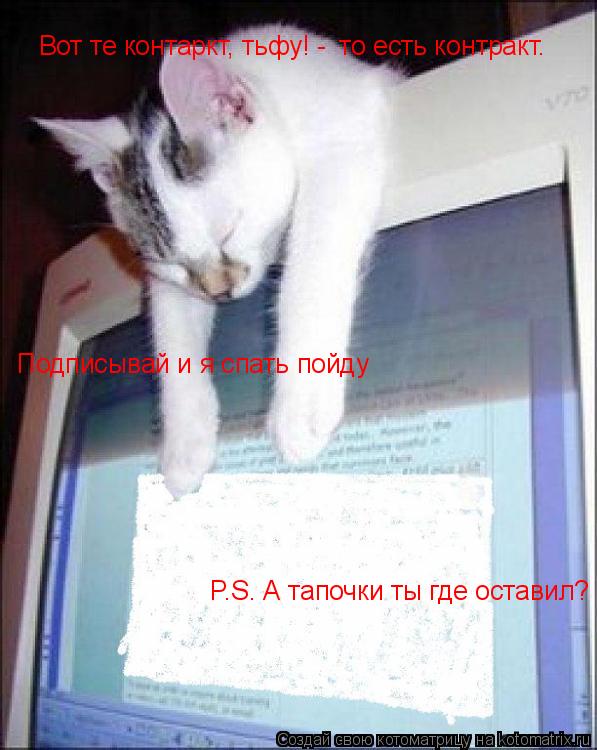 Котоматрица: Вот те контаркт, тьфу! -   то есть контракт. Подписывай и я спать пойду P.S. А тапочки ты где оставил?