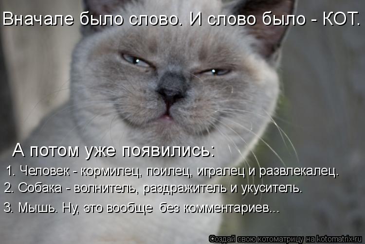 Котоматрица: Вначале было слово. И слово было - КОТ. А потом уже появились:  1. Человек - кормилец, поилец, игралец и развлекалец.  2. Собака - волнитель, раздр