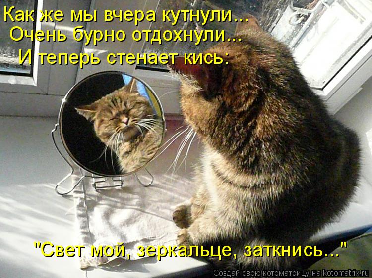 Как же мы вчера кутнули... И теперь стенает кись: Очень бурно отдохнули... "Свет мой, зеркальце, затк... Котоматрица: Как же мы вчера кутнули... И теперь стенает кись: Очень бурно отдохнули... "Свет мой, зеркальце, заткнись..."