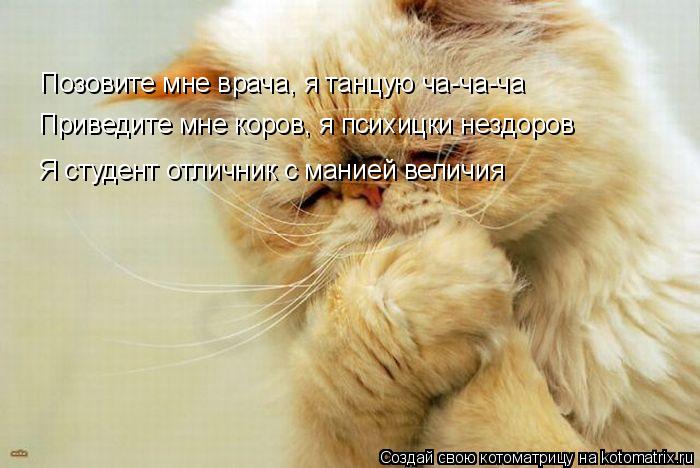 Котоматрица: Позовите мне врача, я танцую ча-ча-ча Приведите мне коров, я психицки нездоров Я студент отличник с манией величия