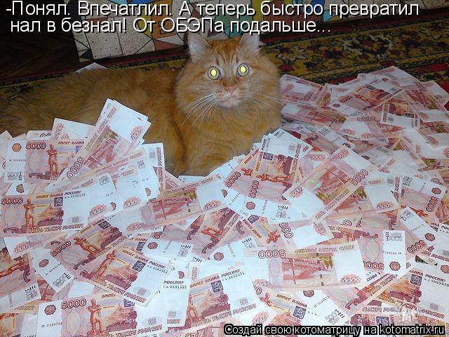 -Понял. Впечатлил. А теперь быстро превратил нал в безнал! От ОБЭПа подальше...... Котоматрица: -Понял. Впечатлил. А теперь быстро превратил нал в безнал! От ОБЭПа подальше...