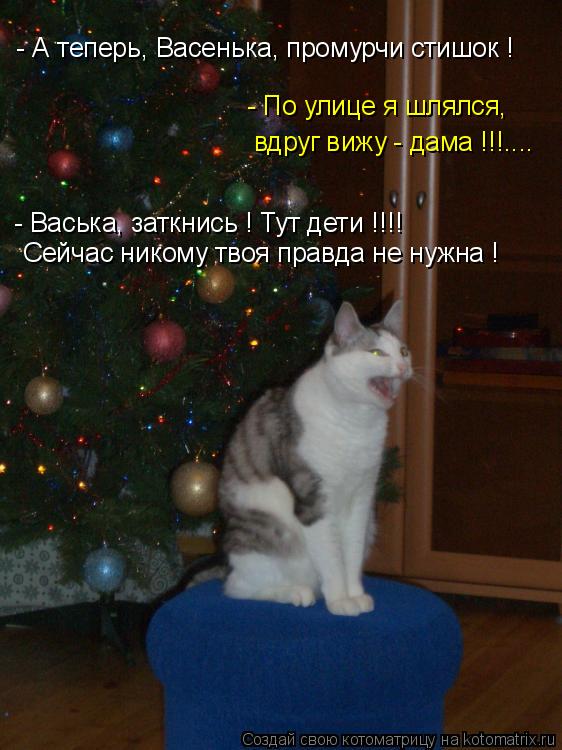 - А теперь, Васенька, промурчи стишок ! - По улице я шлялся, вдруг вижу - дама !!!.... - Васька, зат... Котоматрица: - А теперь, Васенька, промурчи стишок ! - По улице я шлялся, вдруг вижу - дама !!!.... - Васька, заткнись ! Тут дети !!!! Сейчас никому твоя правда н