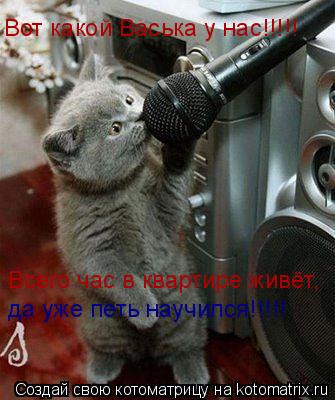 Котоматрица: Вот какой Васька у нас!!!!! Всего час в квартире живёт, да уже петь научился!!!!!
