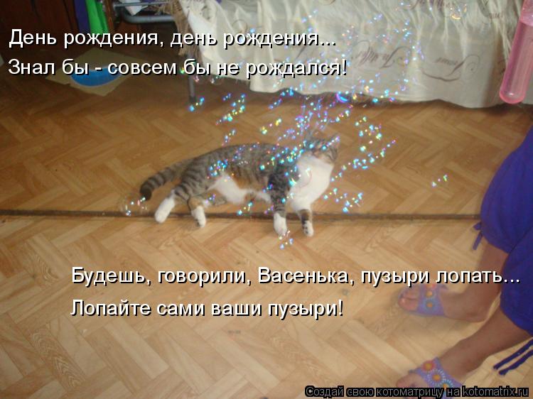 День рождения, день рождения... Знал бы - совсем бы не рождался! Будешь, говорили, Васенька, пузыри л... Котоматрица: День рождения, день рождения... Знал бы - совсем бы не рождался! Будешь, говорили, Васенька, пузыри лопать... Лопайте сами ваши пузыри!