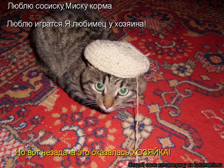 Люблю сосиску,Миску корма Люблю игратся.Я любимец у хозяина! Но вот незадача это оказалась ХОЗЯЙКА!... Котоматрица: Люблю сосиску,Миску корма Люблю игратся.Я любимец у хозяина! Но вот незадача это оказалась ХОЗЯЙКА!