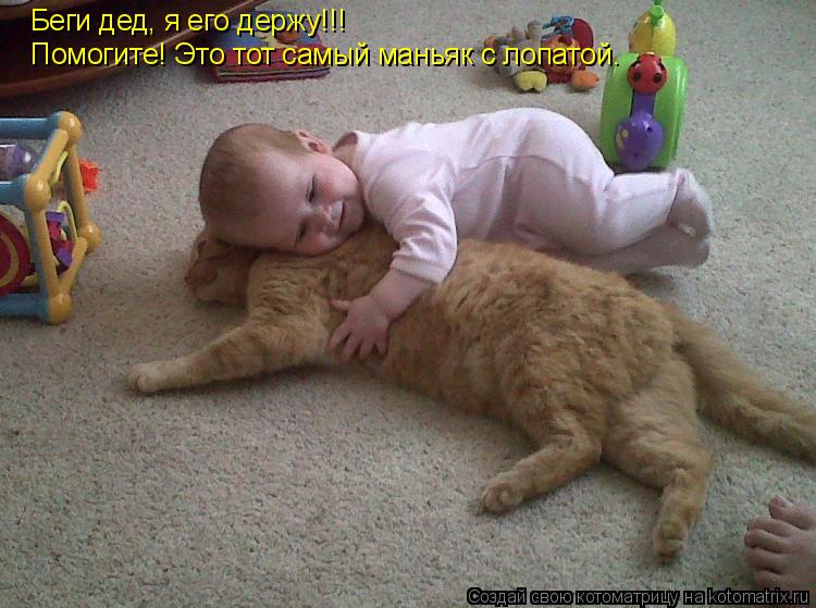 Котоматрица: Беги дед, я его держу!!! Помогите! Это тот самый маньяк с лопатой.
