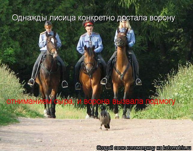 Однажды лисица конкретно достала ворону отниманием сыра, и ворона вызвала подмогу... Котоматрица: Однажды лисица конкретно достала ворону отниманием сыра, и ворона вызвала подмогу