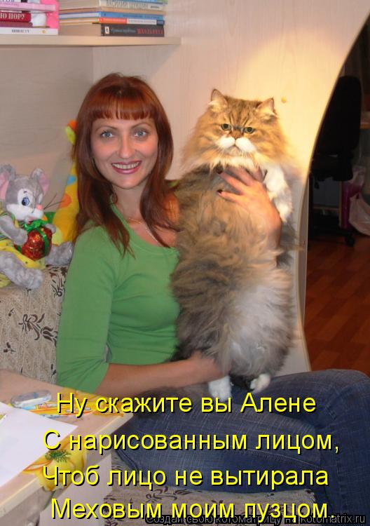 Котоматрица: Ну скажите вы Алене С нарисованным лицом, Чтоб лицо не вытирала Меховым моим пузцом.