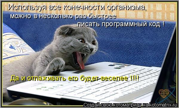 Используя все конечности организма, можно в несколько раз быстрее писать программный код ! Да и отла... Котоматрица: Используя все конечности организма, можно в несколько раз быстрее писать программный код ! Да и отлаживать его будет веселее !!!!