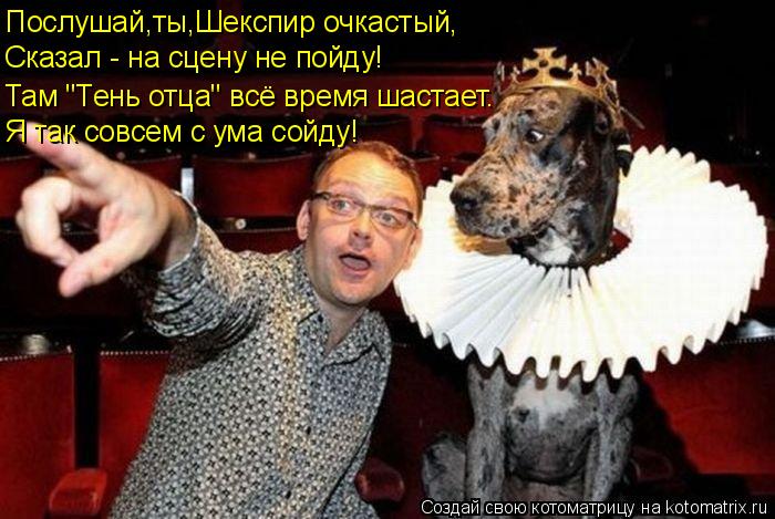Послушай,ты,Шекспир очкастый, Сказал - на сцену не пойду! Там "Тень отца" всё время шастает. Я так со... Котоматрица: Послушай,ты,Шекспир очкастый, Сказал - на сцену не пойду! Там "Тень отца" всё время шастает. Я так совсем с ума сойду!