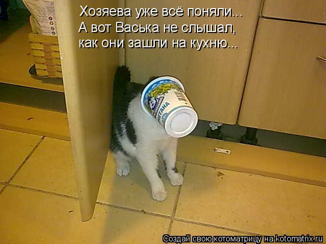 Котоматрица: Хозяева уже всё поняли... А вот Васька не слышал,  как они зашли на кухню...