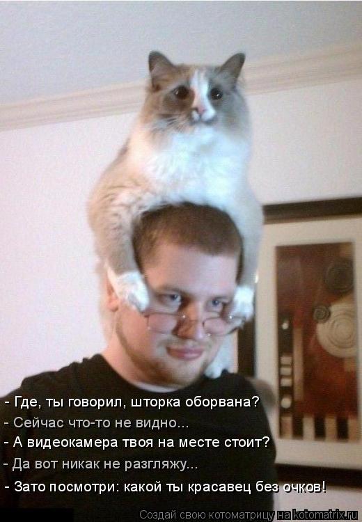 Котоматрица: - Где, ты говорил, шторка оборвана? - Сейчас что-то не видно... - А видеокамера твоя на месте стоит? - Да вот никак не разгляжу... - Зато посмотри: к
