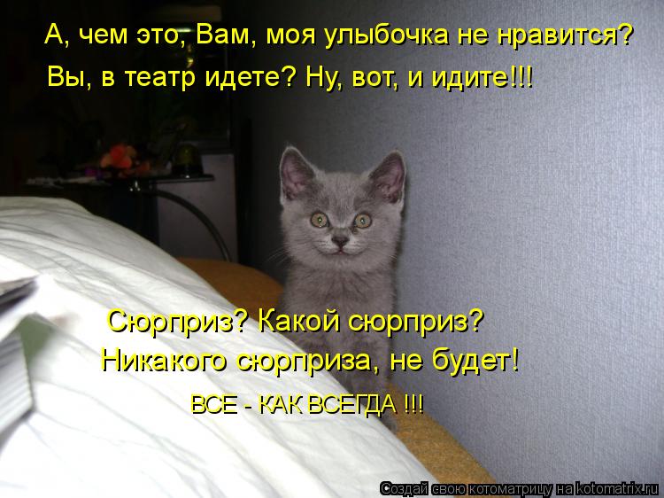 А, чем это, Вам, моя улыбочка не нравится? Вы, в театр идете? Ну, вот, и идите!!! ВСЕ - КАК ВСЕГДА !!... Котоматрица: А, чем это, Вам, моя улыбочка не нравится? Вы, в театр идете? Ну, вот, и идите!!! ВСЕ - КАК ВСЕГДА !!! Сюрприз? Какой сюрприз? Никакого сюрприза, не б