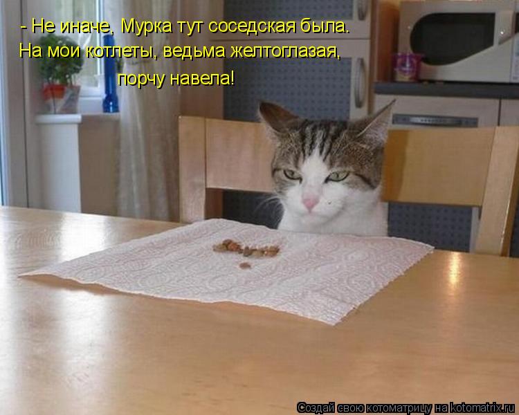 - Не иначе, Мурка тут соседская была. порчу навела! На мои котлеты, ведьма желтоглазая,... Котоматрица: - Не иначе, Мурка тут соседская была. порчу навела! На мои котлеты, ведьма желтоглазая,
