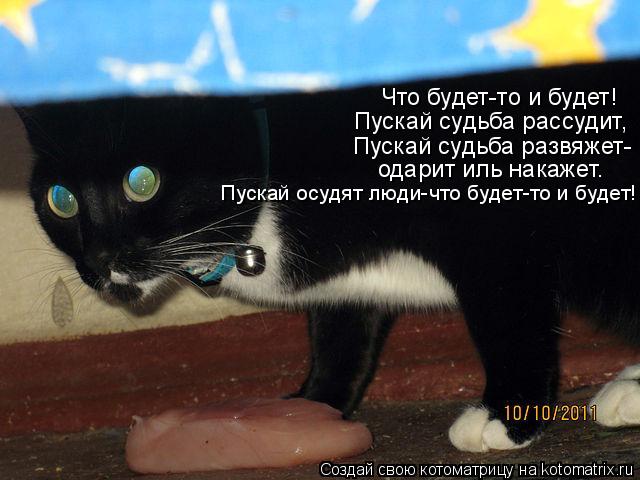 Котоматрица: Что будет-то и будет! Пускай судьба рассудит, Пускай судьба развяжет- одарит иль накажет. Пускай осудят люди-что будет-то и будет!
