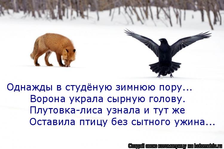 Котоматрица: Однажды в студёную зимнюю пору... Ворона украла сырную голову. Плутовка-лиса узнала и тут же Оставила птицу без сытного ужина...