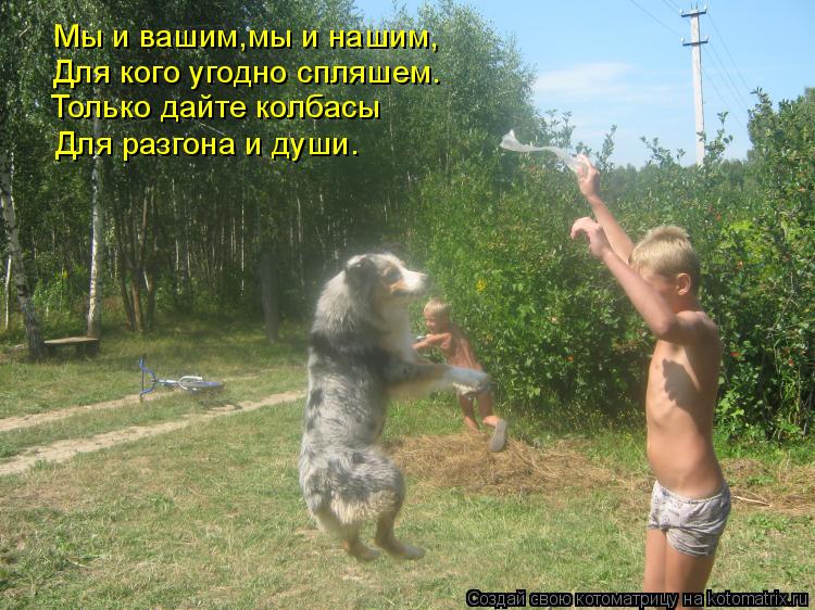 Мы и вашим,мы и нашим, Для кого угодно спляшем. Только дайте колбасы Для разгона и души.... Котоматрица: Мы и вашим,мы и нашим, Для кого угодно спляшем. Только дайте колбасы Для разгона и души.