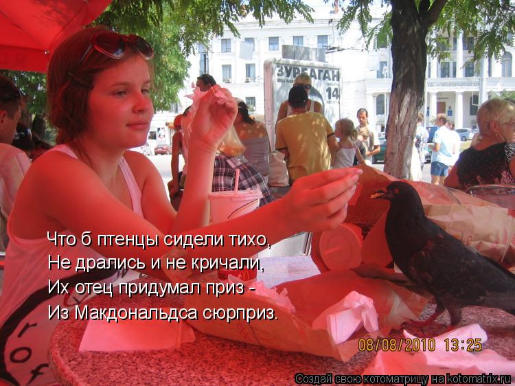 Котоматрица: Что б птенцы сидели тихо, Не дрались и не кричали, Их отец придумал приз - Из Макдональдса сюрприз.