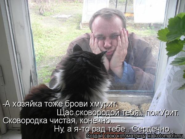 Котоматрица: -А хозяйка тоже брови хмурит. Щас сковородой тебя.. пожУрит. Сковородка чистая, конечно.. Ну, а я-то рад тебе.. Сердечно..
