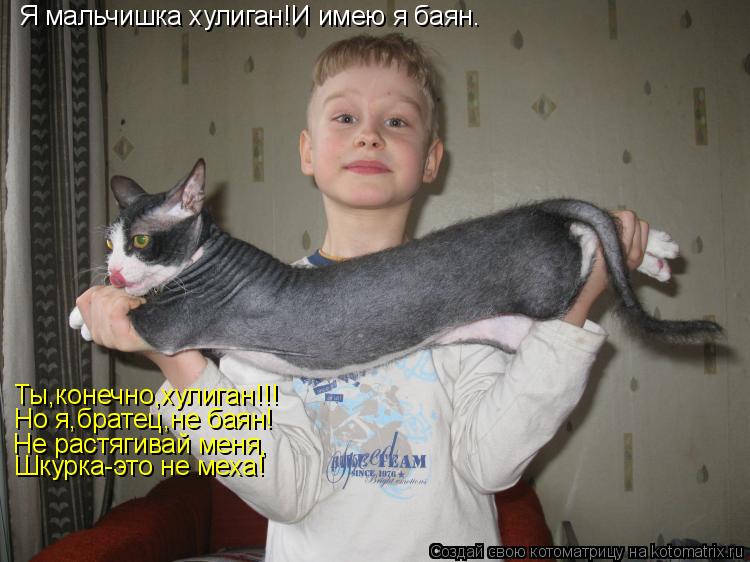 Котоматрица: Я мальчишка хулиган!И имею я баян. Ты,конечно,хулиган!!! Но я,братец,не баян! Не растягивай меня, Шкурка-это не меха!