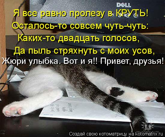 Я все равно пролезу в КРУТЬ! Осталось-то совсем чуть-чуть: Каких-то двадцать голосов, Да пыль стряхну... Котоматрица: Я все равно пролезу в КРУТЬ! Осталось-то совсем чуть-чуть: Каких-то двадцать голосов, Да пыль стряхнуть с моих усов, Жюри улыбка. Вот и я!! Прив