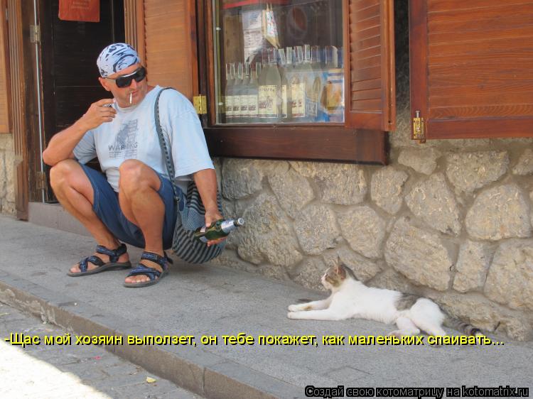 -Щас мой хозяин выползет, он тебе покажет, как маленьких спаивать...... Котоматрица: -Щас мой хозяин выползет, он тебе покажет, как маленьких спаивать...