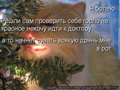 Котоматрица: Я болею Решли сам проверить себе горло не красное нехочу идти к доктору а то начнет сувать всякую дрянь мне в рот
