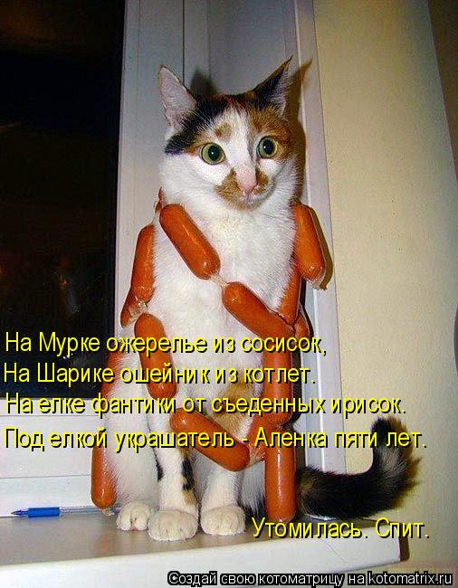 На Мурке ожерелье из сосисок, На Шарике ошейник из котлет. На елке фантики от съеденных ирисок. Под е... Котоматрица: На Мурке ожерелье из сосисок, На Шарике ошейник из котлет. На елке фантики от съеденных ирисок. Под елкой украшатель - Аленка пяти лет. Утоми