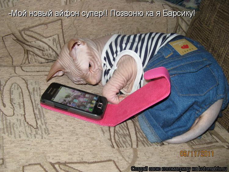 Котоматрица: -Мой новый айфон супер!! Позвоню ка я Барсику!
