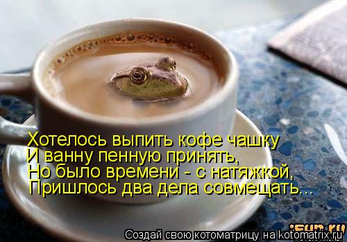 Хотелось выпить кофе чашку И ванну пенную принять, Но было времени - с натяжкой, Пришлось два дела со... Котоматрица: Хотелось выпить кофе чашку И ванну пенную принять, Но было времени - с натяжкой, Пришлось два дела совмещать...