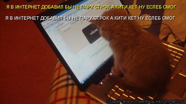 Котоматрица: Я В ИНТЕРНЕТ ДОБАВИЛ БЫ НЕ ПАРУ СТРОК А КИТИ КЕТ НУ ЕСЛЕБ СМОГ Я В ИНТЕРНЕТ ДОБАВИЛ БЫ НЕ ПАРУ СТРОК А КИТИ КЕТ НУ ЕСЛЕБ СМОГ