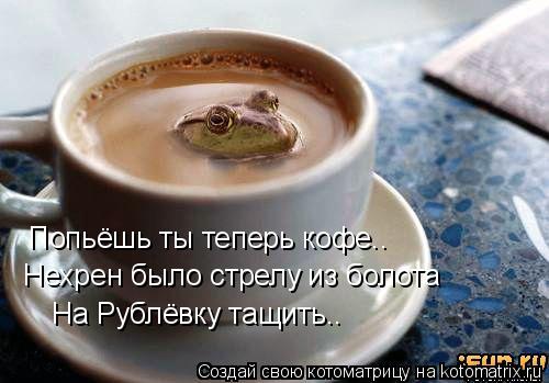 Котоматрица: Нехрен было стрелу из болота На Рублёвку тащить.. Попьёшь ты теперь кофе..