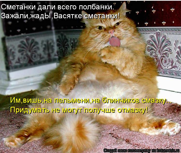 Сметанки дали всего полбанки. Зажали,жадЫ,Васятке сметанки! Им,вишь,на пельмени,на блинчиков смазку..... Котоматрица: Сметанки дали всего полбанки. Зажали,жадЫ,Васятке сметанки! Им,вишь,на пельмени,на блинчиков смазку... Придумать не могут получше отмазку!