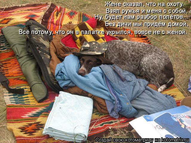 Котоматрица: Жене сказал, что на охоту. Взял ружья и меня с собой, Ну, будет нам разбор полётов... Без дичи мы придём домой, Всё потому, что он в палатке укры