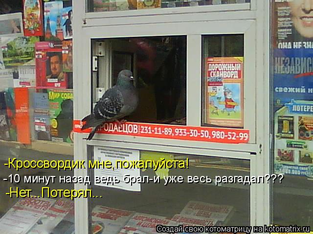 -Кроссвордик мне,пожалуйста! -10 минут назад ведь брал-и уже весь разгадал??? -Нет...Потерял...... Котоматрица: -Кроссвордик мне,пожалуйста! -10 минут назад ведь брал-и уже весь разгадал??? -Нет...Потерял...