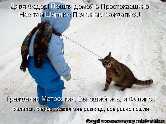 Котоматрица: Дядя Федор! Пошли домой в Простоквашино! Нас там Шарик с Печкиным заждались! Гражданин Матроскин, Вы ошиблись, я Филипок! Филипок, Федор...Как
