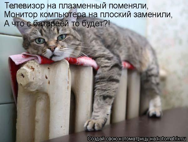 Котоматрица: Телевизор на плазменный поменяли, Монитор компьютера на плоский заменили, А что с батареей то будет?!