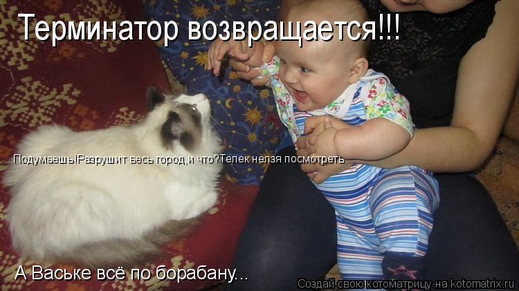Котоматрица: Терминатор возвращается!!! А Ваське всё по борабану... Подумаешь!Разрушит весь город,и что?Телек нелзя посмотреть.