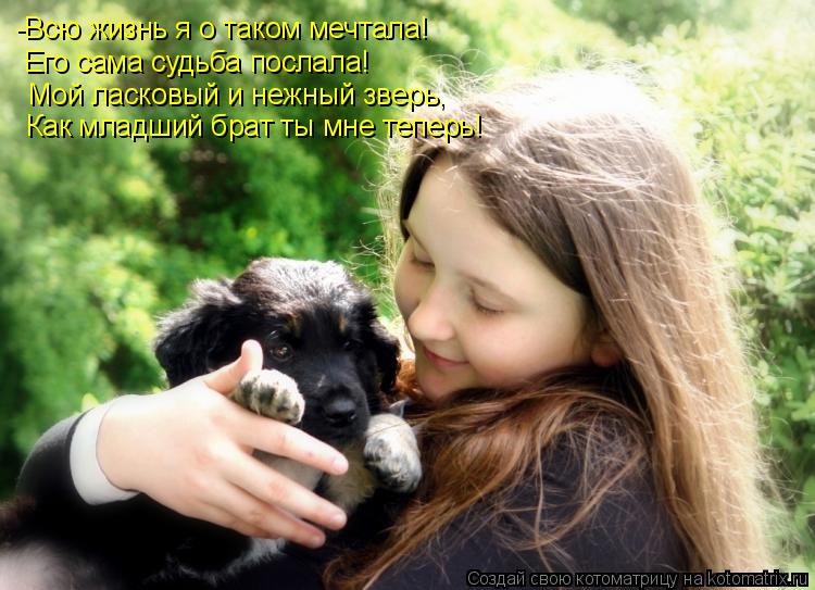 Котоматрица: -Всю жизнь я о таком мечтала! Его сама судьба послала! Мой ласковый и нежный зверь, Как младший брат ты мне теперь!